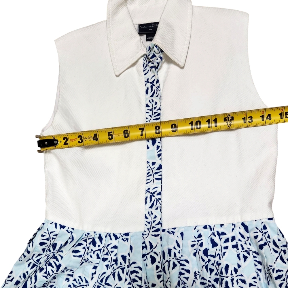 Oscar de la Renta Girls Cotton Dress Button Down Collar Blue Tropical Palm Sz 12 - Picture 7 of 8